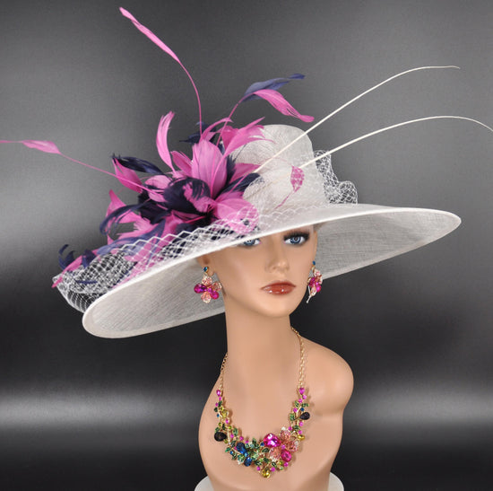 White Navy Blue Hot Pink Wide Brim Sinamay hat, Kentucky derby Hat, Wedding Guest Hat, Tea Party Hat, Ascot Royal Style Hat,Oaks Day Hat