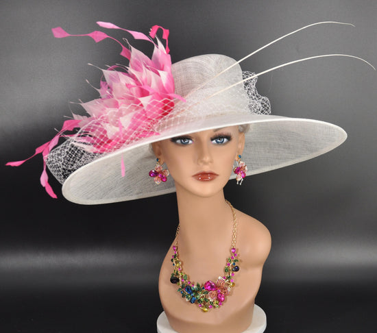 White Pink Feather Flower Wide Brim Sinamay hat, Kentucky derby Hat, Wedding Guest Hat, Tea Party Hat, Ascot Royal Style Hat,Oaks Day Hat