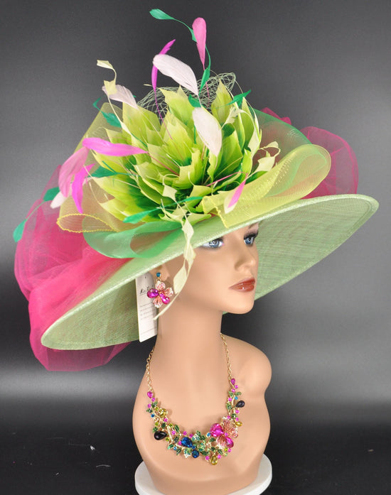 Wide Brim Sinamay Derby Hat: Green, Hot Pink Floral Tea Party Hat