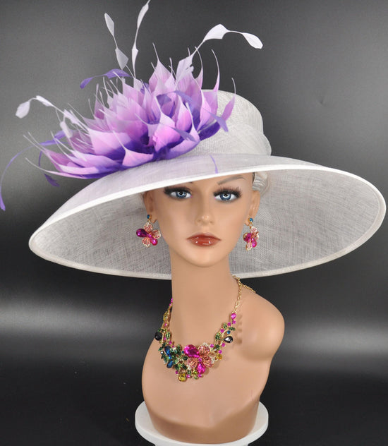 White Sinamay Derby Hat: Purple Feather Flower Wide Brim