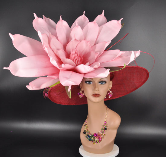 Red, Pink Flower Feathers Wide Brim Kentucky Derby Hat, Ascot Hat for Wedding & Tea Party, Garden Party Hat, Mother of the Bride, Church