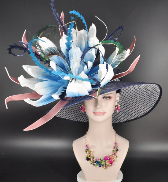Navy Blue White & Teal Flower Wide Brim Kentucky Derby Hat, Ascot Hat for Wedding Tea PartyGarden Party Hat, Mother of the Bride,Church