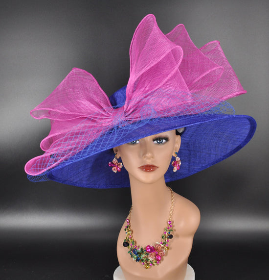Royal Blue Fuchsia Pink Bows Wide Brim Sinamay hat, Kentucky derby Hat, Wedding Guest Hat,Tea Party Hat, Ascot Royal Style Hat,Oaks Day Hat