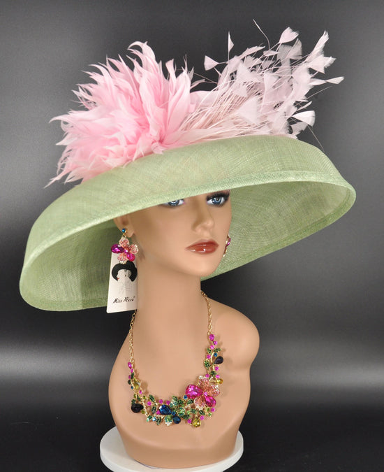 Sinamay Dome Hat: Green & Pink Feather DerbyTea Party Hat