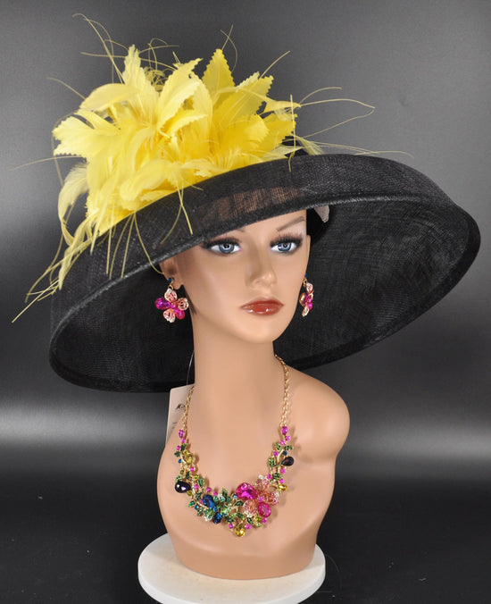 Black Yellow Feather Wide Brim Sinamay Hat for Kentucky Derby, Ascot Racing Hat, Elegant Wedding Guest Hat, Mother of the Bride Hat