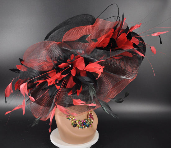 Black Red Feather Flowers Wide Brim Kentucky Derby Hat, Ascot Hat for Wedding & Tea Party, Garden Party Hat, Mother of the Bride, Church