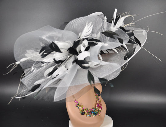 White Black Feather Flower Wide Brim Kentucky Derby Hat, Ascot Hat for Wedding & Tea Party, Garden Party Hat, Mother of the Bride, Church