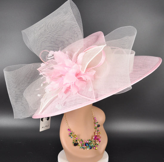 Wide Brim Kentucky Derby Hat, Ascot Hat for Wedding & Tea Party, Garden Party Hat, Mother of the Bride, Church Baby Pink Ivory Off White