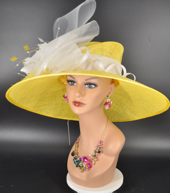 Yellow White Wide Brim Sinamay Hat,Kentucky Derby Hat, Ascot Royal,Tea Garden Party Hat, Church Hat, Mother of the Bride Elegant Occasion