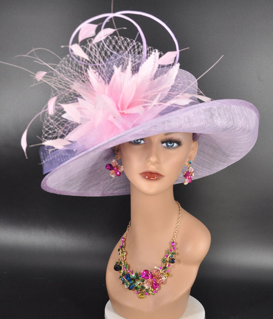 Lilac Kentucky Derby Hat, Feather Flower Church Wedding Hat
