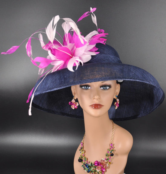 Navy Blue Pink Gold Wide Brim Sinamay Hat for Kentucky Derby, Ascot Racing Hat, Elegant Wedding Guest Hat, Mother of the Bride Hat