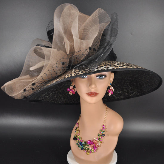 Wide Brim Kentucky Derby Hat, Ascot Hat for Wedding & Tea Party, Garden Party Hat, Mother of the Bride, Church – Black w Leopa