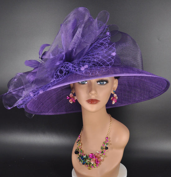 Purple Wide Brim Sinamay Hat for Kentucky Derby, Ascot Royal , Wedding, Tea Garden Party, Church, Mother of the Bride, Easter Day