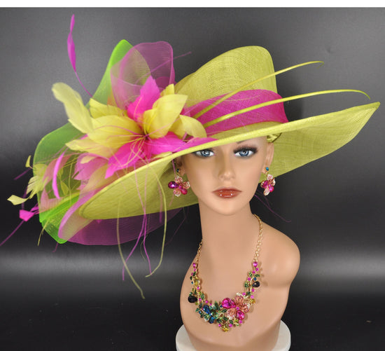 Lime Green Fuchsia Pink Wide Brim Kentucky Derby Hat, Ascot Hat for Wedding & Tea Party, Garden Party Hat, Mother of the Bride, Church