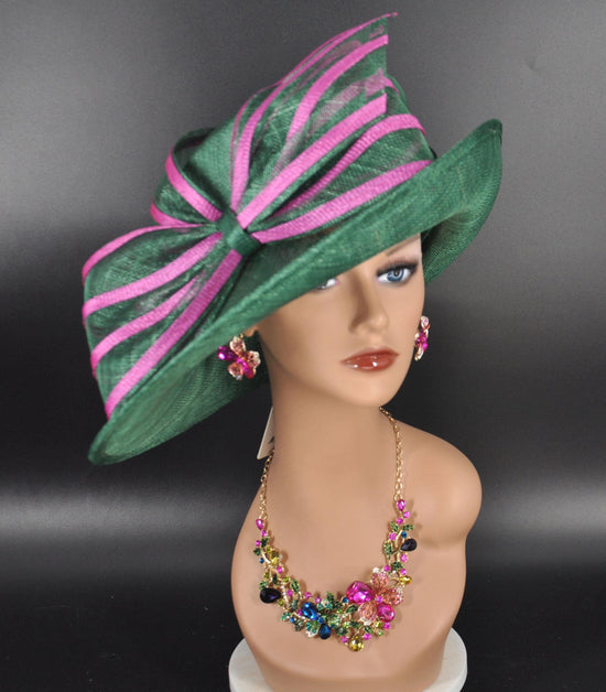 Kentucky Derby Hat, Ascot Hat for Wedding & Tea Party, Garden Party Hat, Mother of the Bride, Church Green W Fuchsia Pink