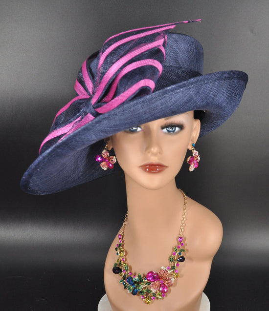 Navy Blue Medium Brim with Fuchsia Bow Kentucky Derby Hat,Ascot Hat for Wedding & Tea Party, Garden Party Hat, Mother of the Bride, Church