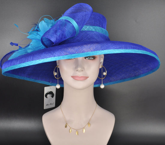 Royal Blue Teal Blue Wide Brim Kentucky Derby Hat, Ascot Hat for Wedding & Tea Party, Garden Party Hat, Mother of the Bride, Church-