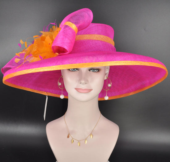 Fuchsia Pink Orange Wide Brim Kentucky Derby Hat, Ascot Hat for Wedding & Tea Party, Garden Party Hat, Mother of the Bride, Church