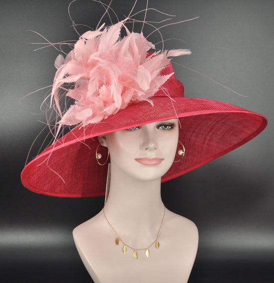 Red Pink Feather Flower Wide Brim Sinamay hat, Kentucky derby Hat, Wedding Guest Hat, Tea Party Hat, Ascot Royal Style Hat,Oaks Day Hat