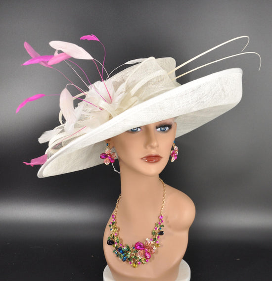 Off White Ivory Colorful Feathers Wide Brim Kentucky Derby Hat, Ascot Hat for Wedding Tea Party, Garden Party Hat,Mother of the Bride,Church