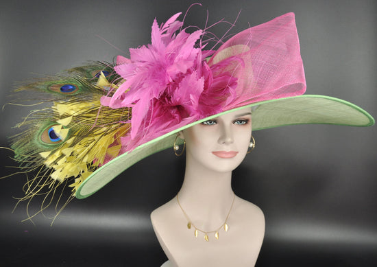 Green, Hot Pink Feather Wide Brim Kentucky Derby Hat, Ascot Hat for Wedding & Tea Party, Garden Party Hat, Mother of the Bride, Church