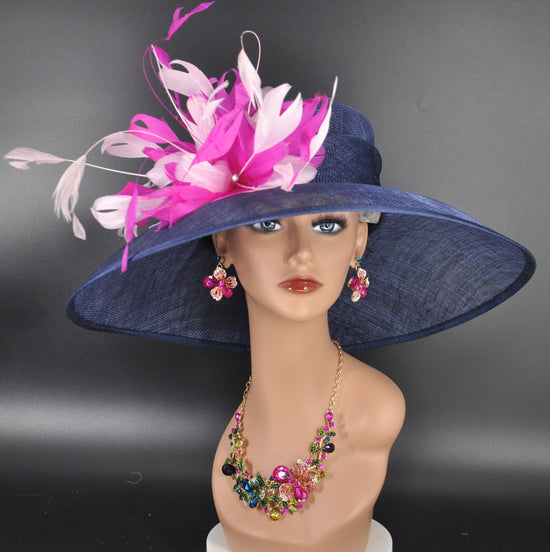 Navy Blue Pink Feather Flower Wide Brim Sinamay Hat for Kentucky Derby, Ascot Racing Hat, Elegant Wedding Guest Hat, Mother of the Bride Hat