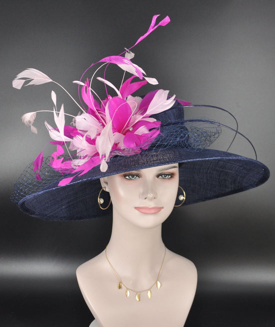 Navy Blue Fuchsia Pink Feather Wide Brim Kentucky Derby Hat, Ascot Hat for Wedding Tea Party, Garden Party Hat, Mother of the Bride, Church