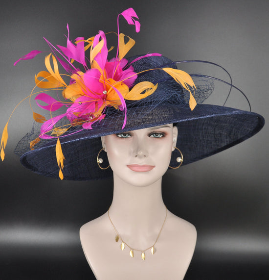Wide Brim Sinamay Derby Hat: Navy, Fuchsia, Orange Feather Flower