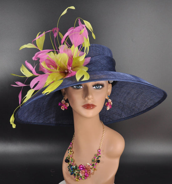 Wide Brim Kentucky Derby Hat, Ascot Hat for Wedding & Tea Party, Garden Party Hat, Mother of the Bride, Church Navy Blue Hot Pink Lime Green