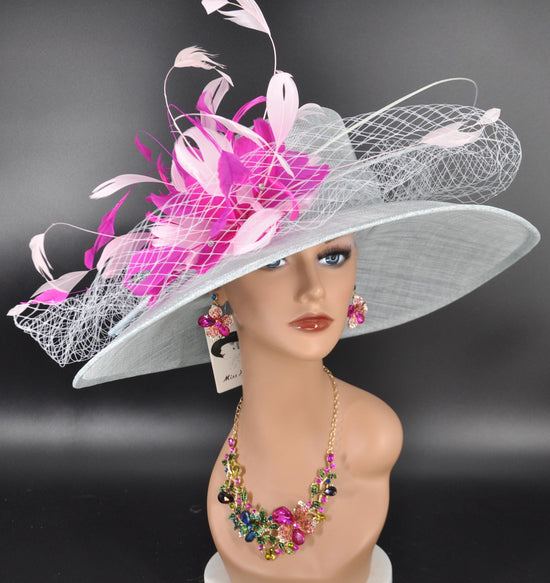Powder Blue Fuchsia Feather Wide Brim Kentucky Derby Hat, Ascot Hat for Wedding & Tea Party, Garden Party Hat, Mother of the Bride Church
