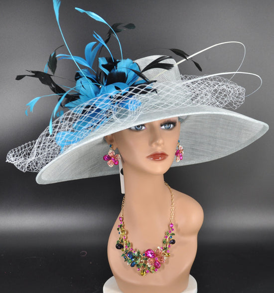 Powder Blue Teal Blue Black Wide Brim Kentucky Derby Hat, Ascot Hat for Wedding & Tea Party, Garden Party Hat, Mother of the Bride, Church
