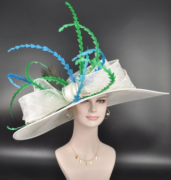 White Teal Blue Green Feathered Bow Style Wide Brim Sinamay Hat For Kentucky Derby,Ascot Royal, Church, Tea&Garden Party, Wedding