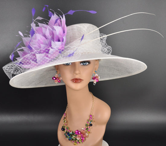 White Purple Lilac Feather Wide Brim Sinamay Hat for Kentucky Derby, Ascot Racing Hat, Elegant Wedding Guest Hat, Mother of the Bride Hat