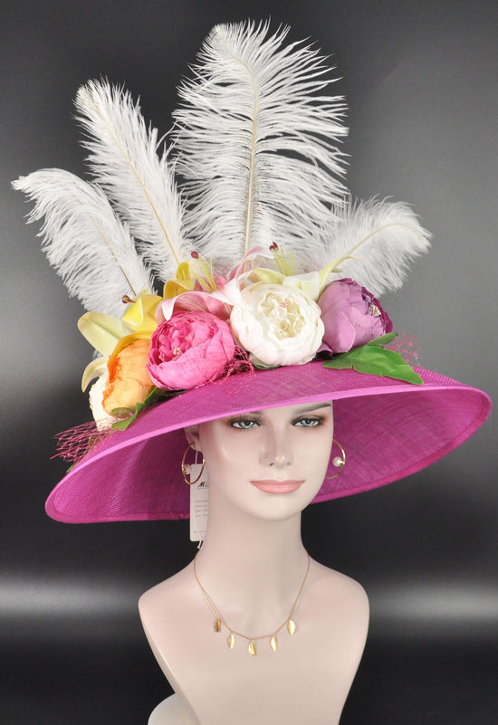 Pink Ostrich Feather Flower Style Wide Brim Kentucky Derby Hat,Ascot Hat for Wedding Tea Party, Garden Party Hat, Mother of the Bride,Church