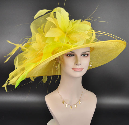 Yellow Lime Green Wide Brim Kentucky Derby Hat, Ascot Hat for Wedding & Tea Party, Garden Party Hat, Mother of the Bride, Church