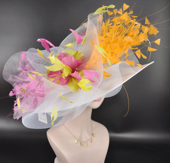 White Blue Orange Hot Pink Wide Brim Kentucky Derby Hat, Ascot Hat for Wedding & Tea Party, Garden Party Hat, Mother of the Bride, Church