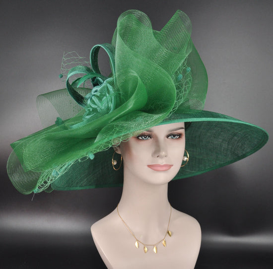 Emerald Green Wide Brim Sinamay Hat for Kentucky Derby, Ascot Royal , Wedding, Tea Garden Party, Church, Mother of the Bride, Easter Day