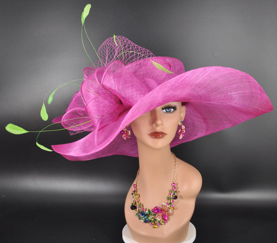 Fuchsia Pink Lime Green Wide Brim Kentucky Derby Hat, Ascot Hat for Wedding & Tea Party, Garden Party Hat, Mother of the Bride, Church