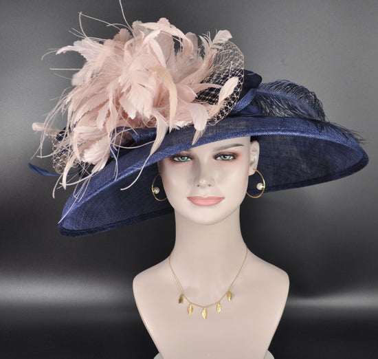 Wide Brim Sinamay Derby Hat: Feather Flower Tea Party Hat