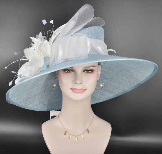 Powder Blue Sinamay Derby Hat: Wide Brim Wedding Tea Party
