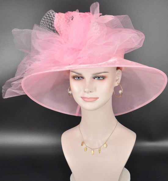 Pink Organza Derby Hat: Medium Brim Wedding Tea Party Hat