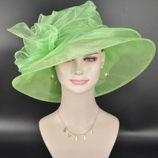 Green Organza Derby Hat: Medium Brim Wedding Tea Party Hat
