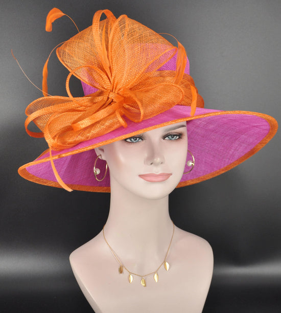 Fuchsia Pink Orange Bow Wide Brim Kentucky Derby Hat,Ascot Hat for Wedding & Tea Party, Garden Party Hat, Mother of the Bride, Church