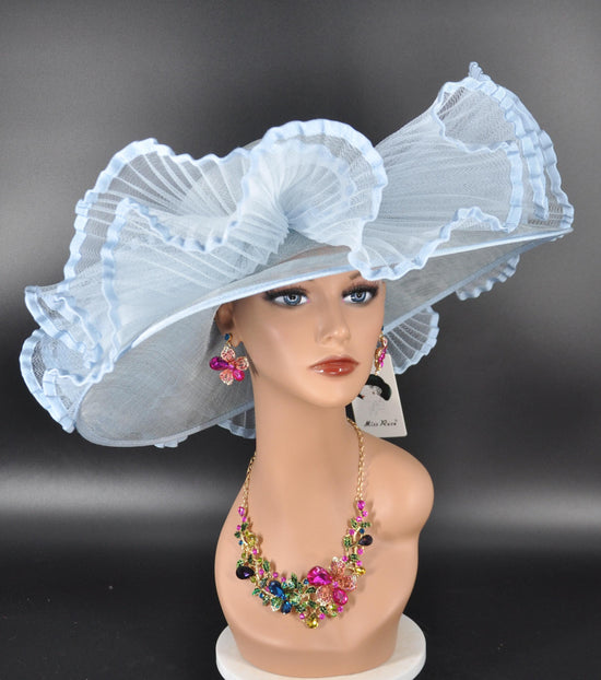 Powder Blue Crin Wave Style Wide Brim Kentucky Derby Hat,Ascot Hat for Wedding & Tea Party, Garden Party Hat, Mother of the Bride, Church