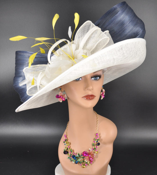 Wide Brim Kentucky Derby Hat, Ascot Hat for Wedding & Tea Party, Garden Party Hat, Mother of the Bride, Church Ivory Navy Blue Yellow