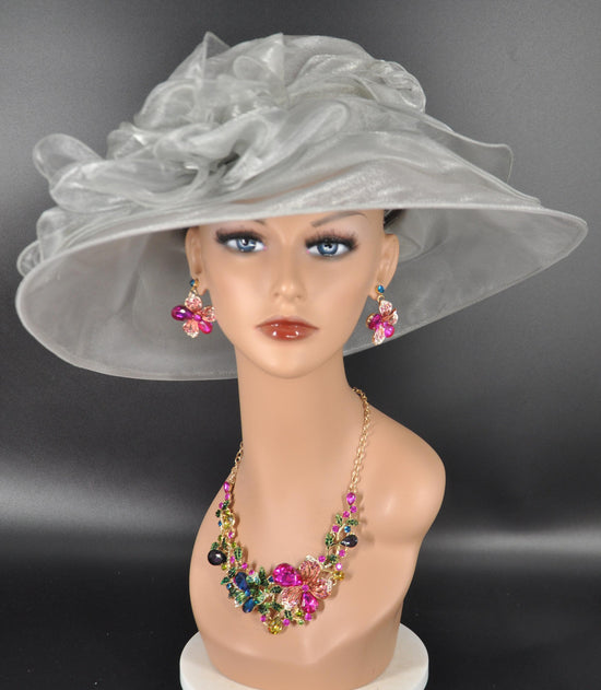 Organza Derby Hat: Silver Gray Medium Brim Flower Tea Party Hat