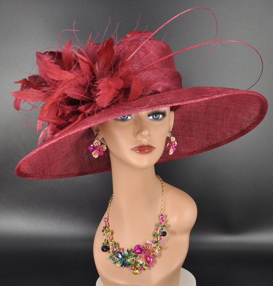 Burgundy Maroon Wine Wide Brim Sinamay Hat For Kentucky Derby, Church, Ascot Royal, Tea&Garden Party, Wedding Party, Race Day