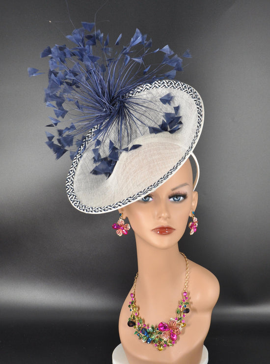 White W Navy Blue Sinamay Disc Fascinator Hat with Jumbo Feather Flower