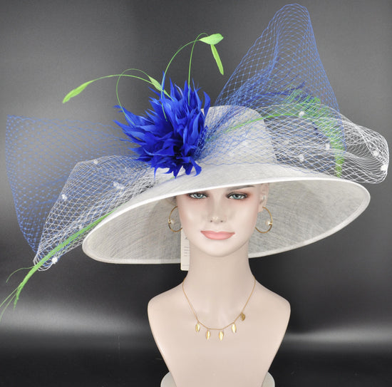 White Royal Blue Green Wide Brim Kentucky Derby Hat, Ascot Hat for Wedding & Tea Party, Garden Party Hat, Mother of the Bride, Church