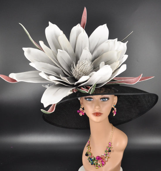 Black Ivory Pink Magnolia Flower Wide Brim Kentucky Derby Hat, Ascot Hat for Wedding & Tea Party,Garden Party Hat,Mother of the Bride,Church